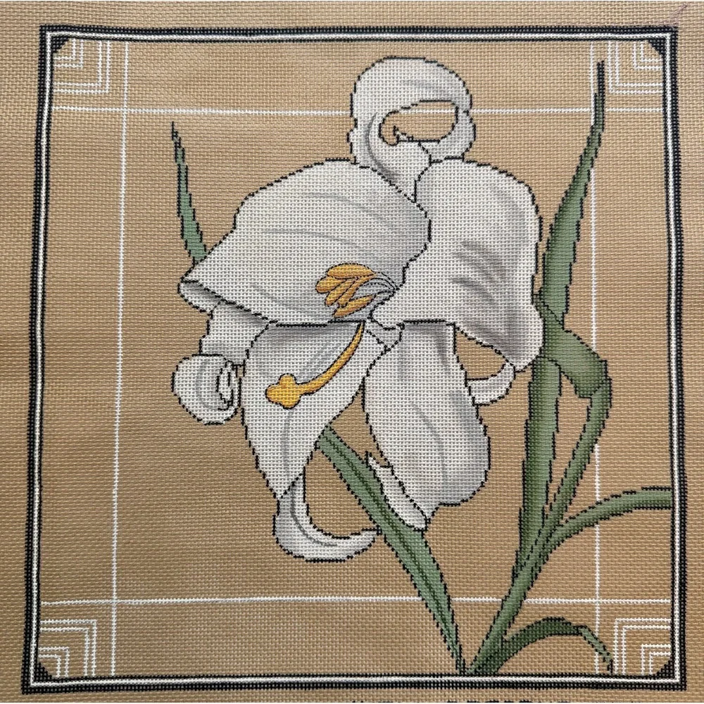 Juell Designs 363 White Iris Hand Painted Needlepoint Canvas Vintage 10.25